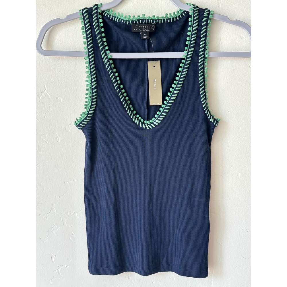 NEW J.Crew Perfect Rib V-Neck Tank Top Size XS Hand Stiched Pom Pom Trim Chic - Picture 2 of 10
